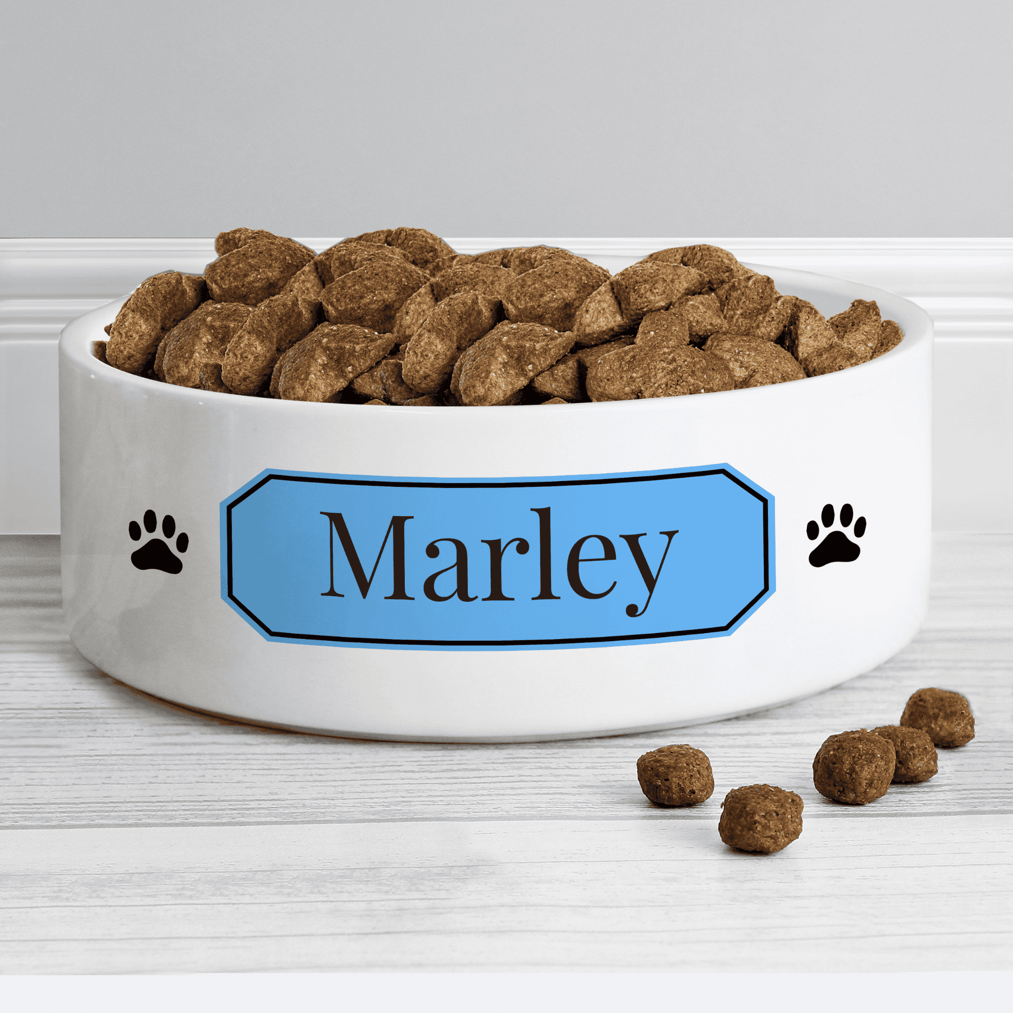 personalised ceramic pet bowl with any name on a blue plaque.