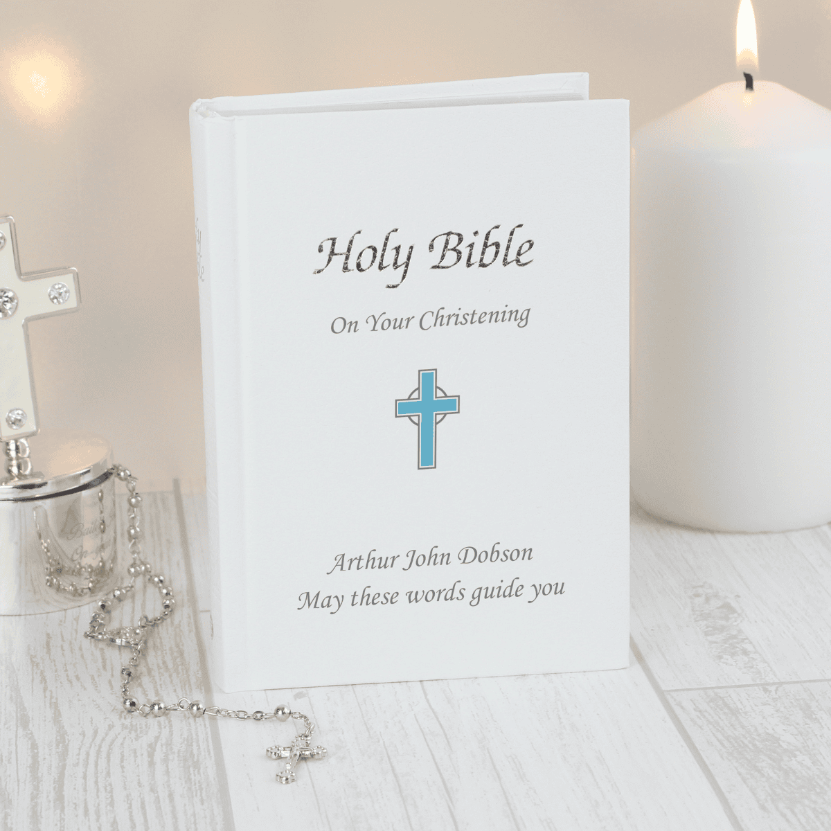 personalised blue cross bible personalised with any message over 3 lines on the front cover.
