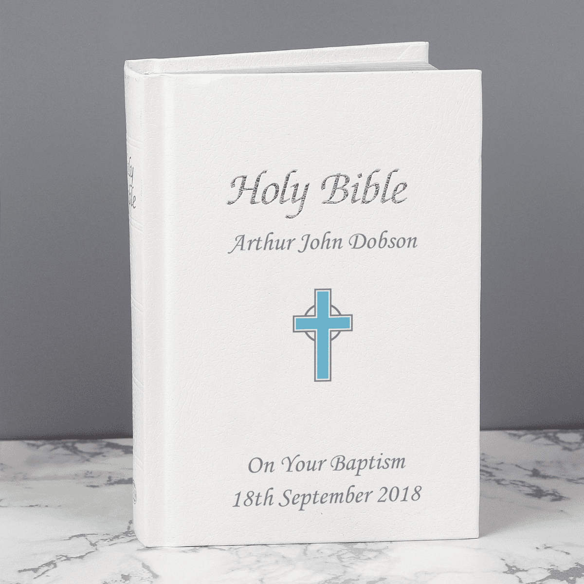 personalised blue cross bible personalised with any message over 3 lines on the front cover.