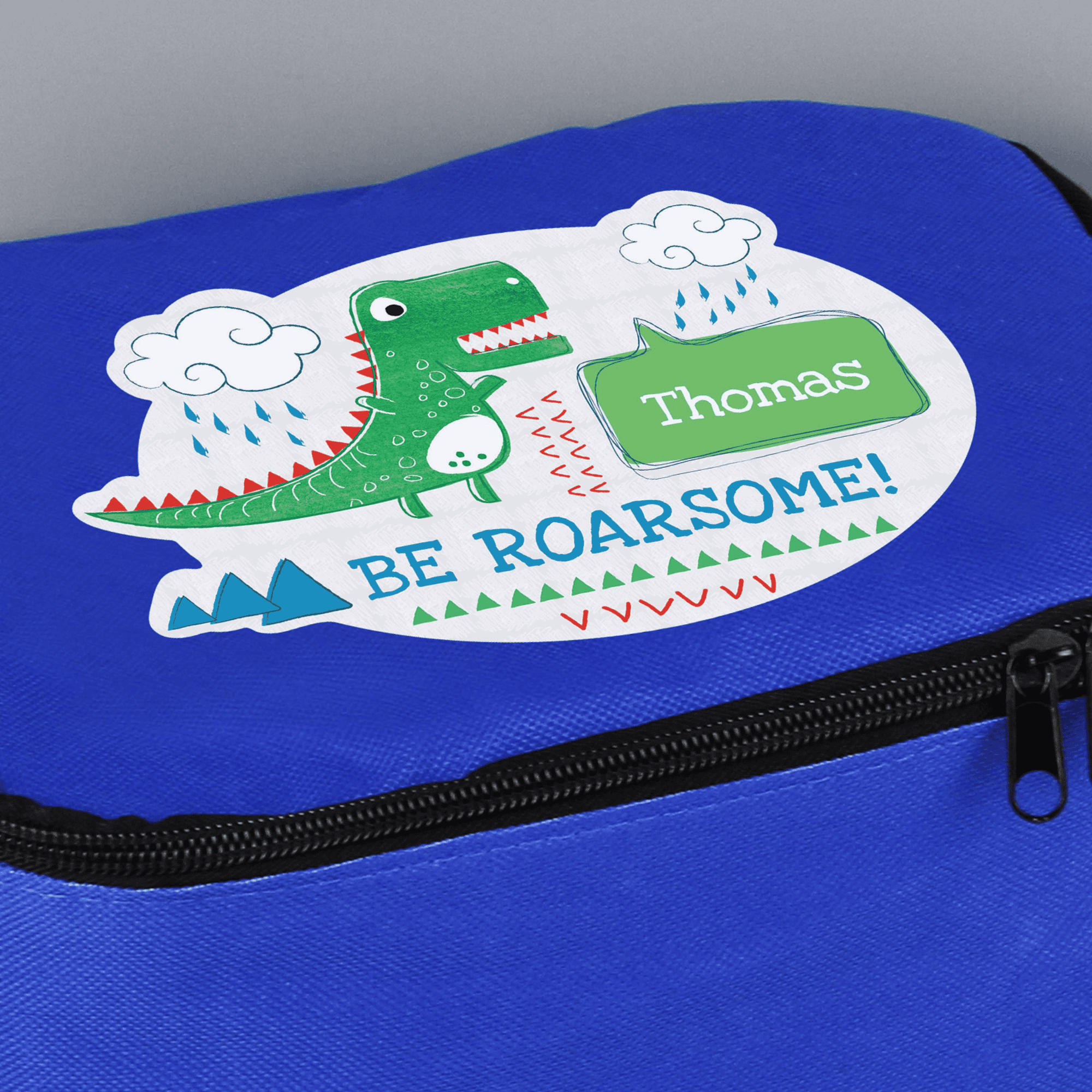 personalised blue dinosaur packed lunch bag with any name on top
