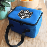 personalised blue football packed lunch bag personalised with any name on the top