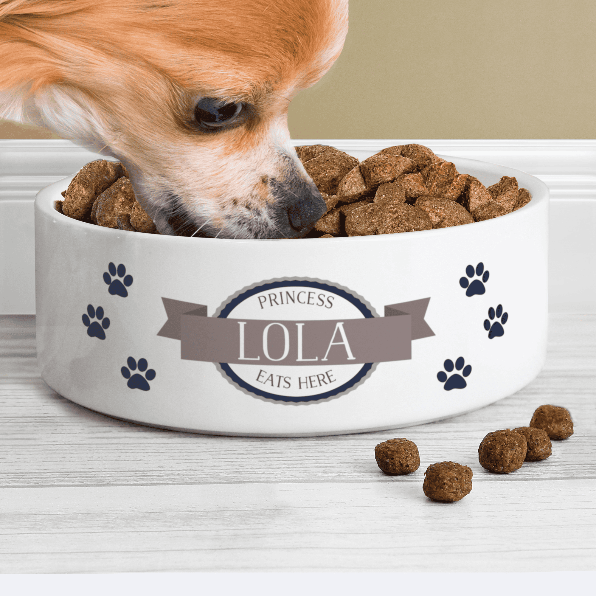 Personalised ceramic pet bowl with pawprints and a message over 3 lines