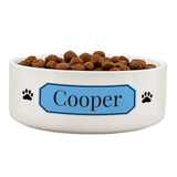 personalised ceramic pet bowl with any name on a blue plaque.