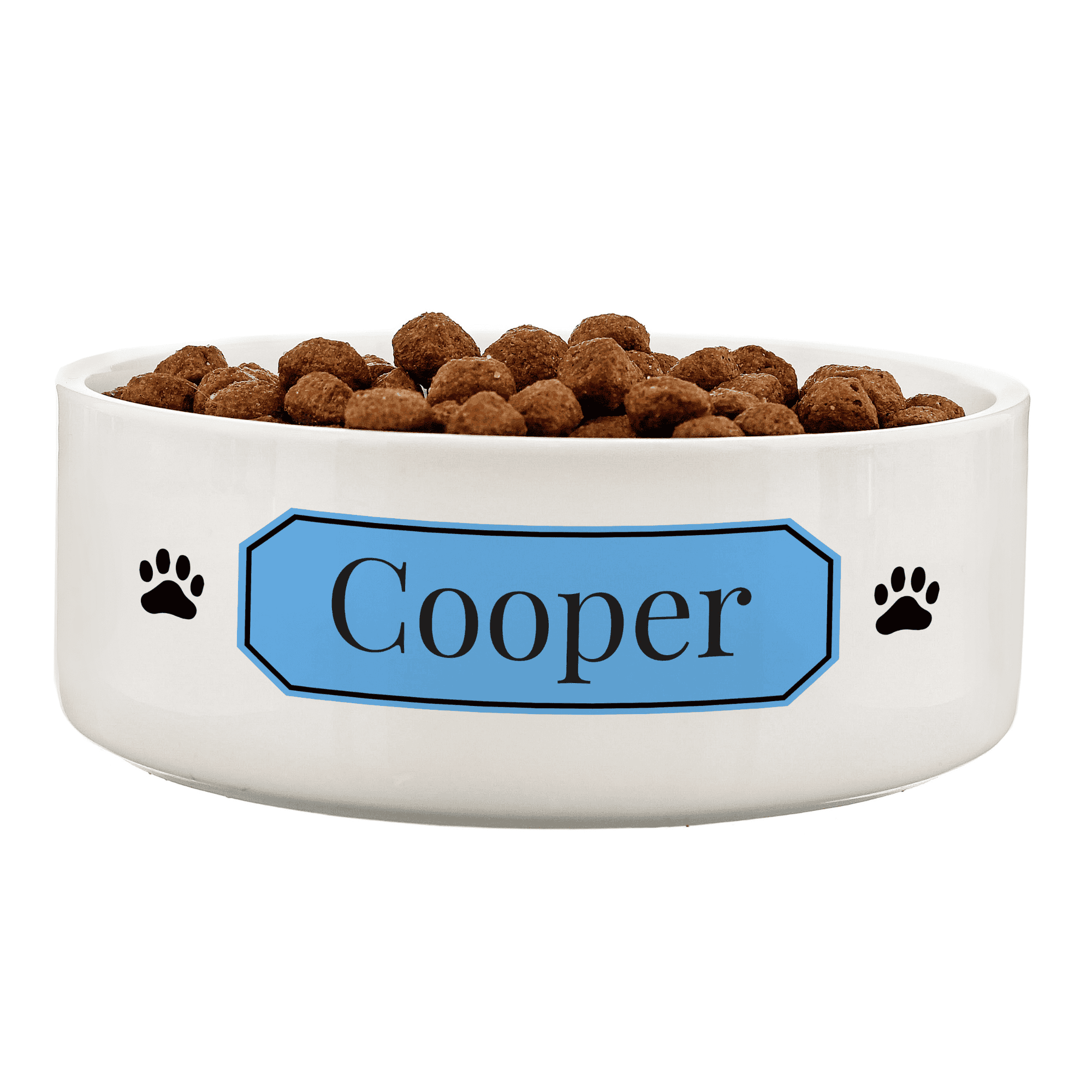 personalised ceramic pet bowl with any name on a blue plaque.