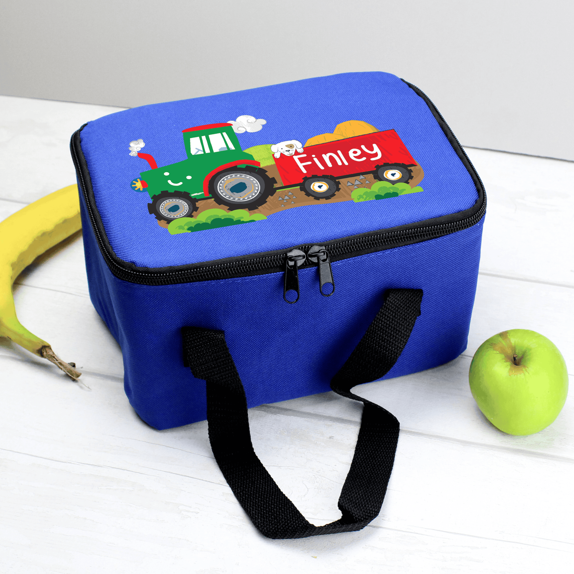 personalised blue tractor packed lunch box