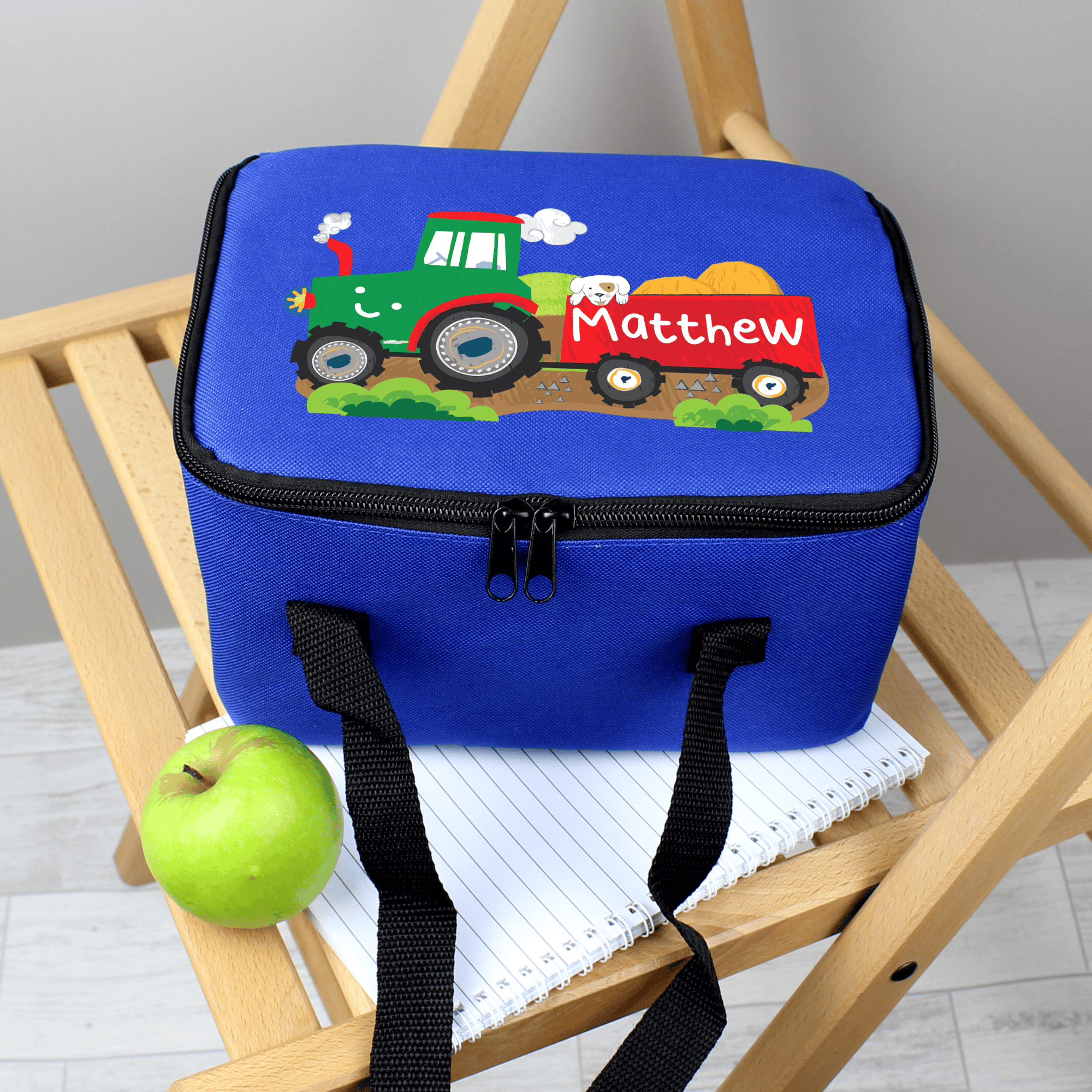 personalised blue tractor packed lunch box