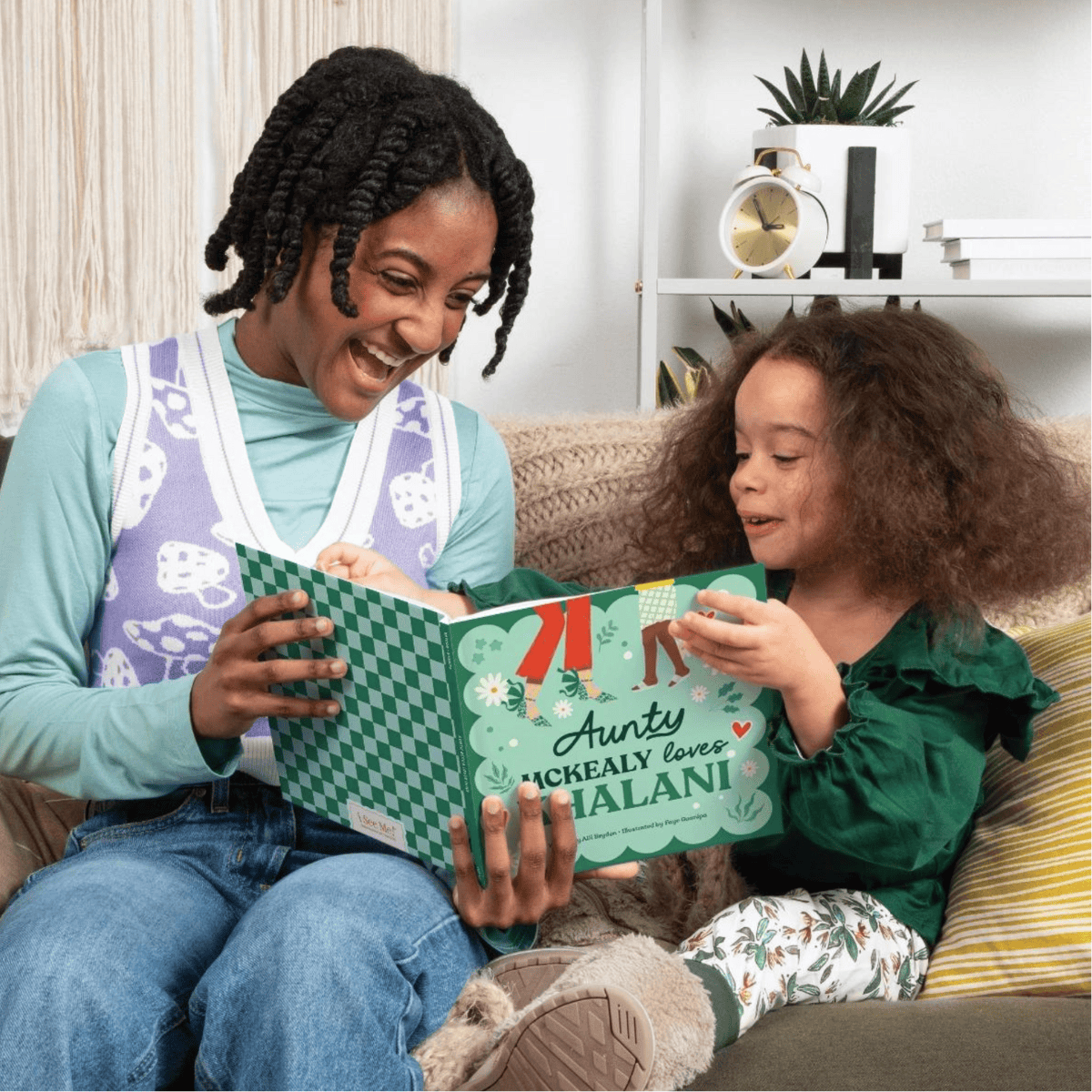 A child and their aunt reading the personalised book together