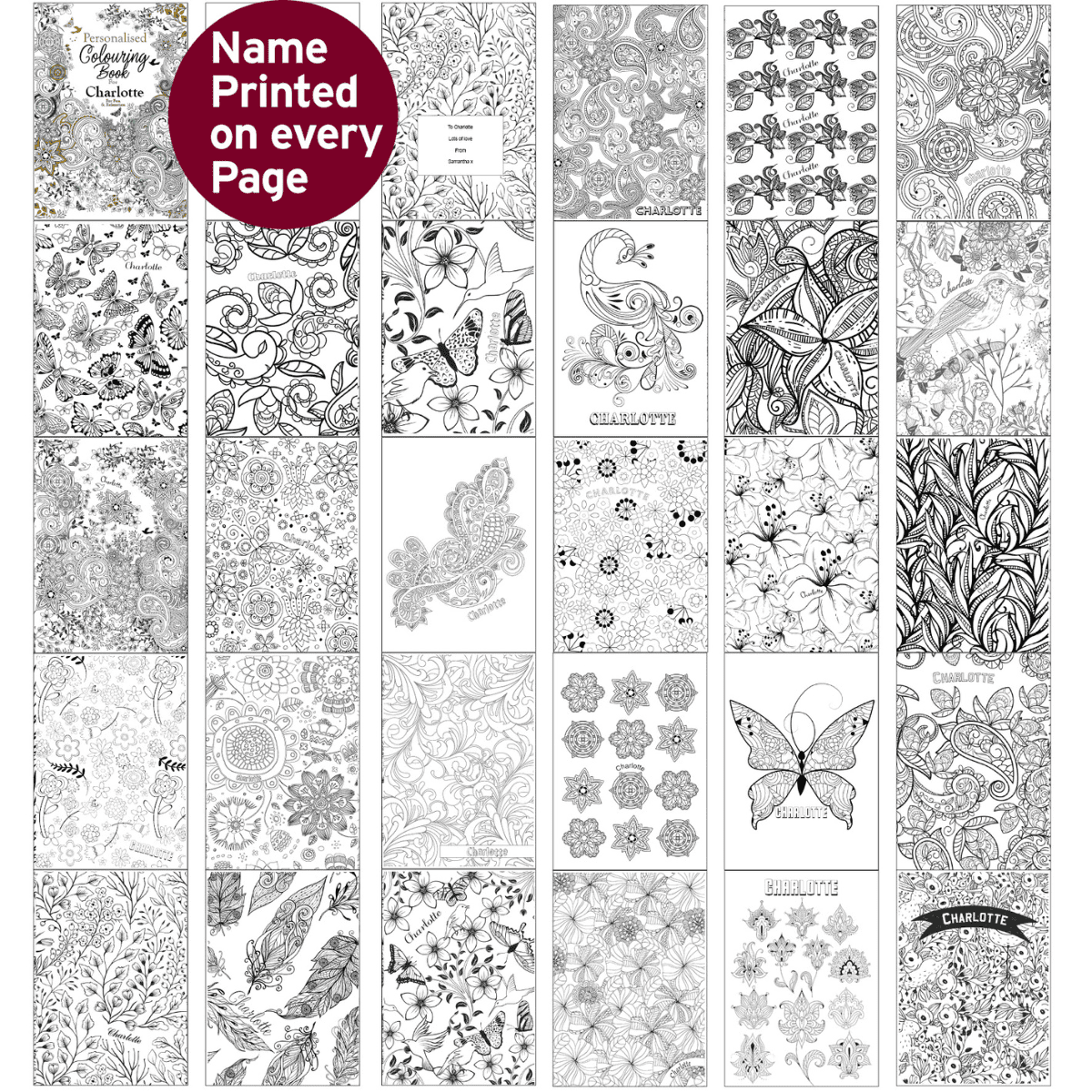 personalised colouring book showing the inside of the book with the chosen name personalised on every page