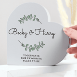 personalised botanical wooden heart personalised with names and a message over 3 lines