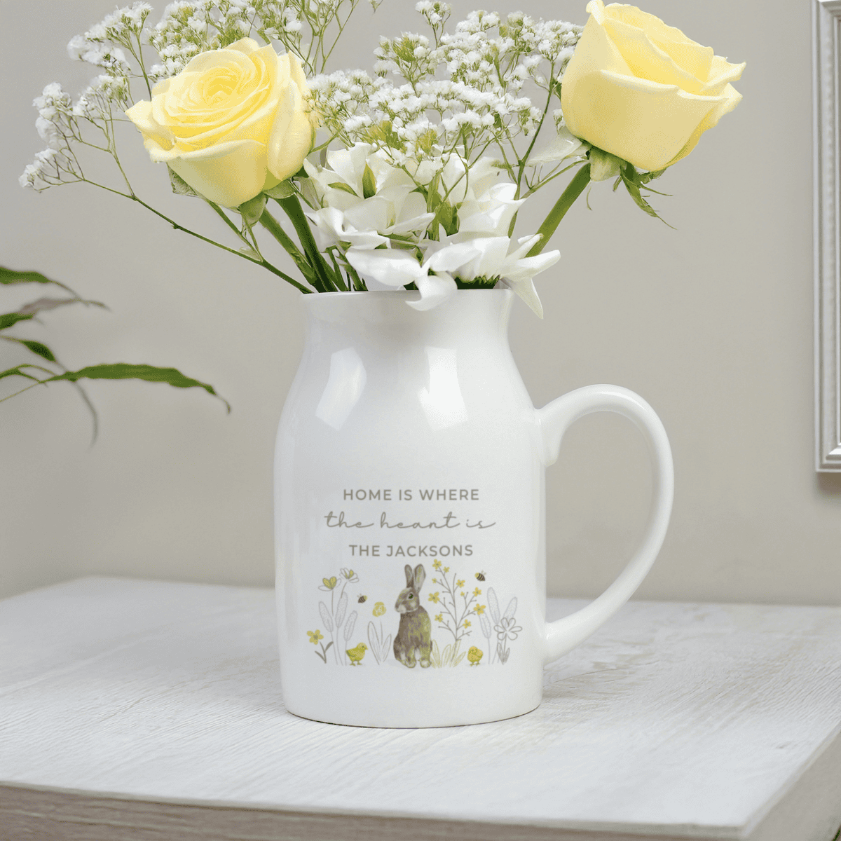 personalised spring bunny ceramic jug showing the personalisation on the front