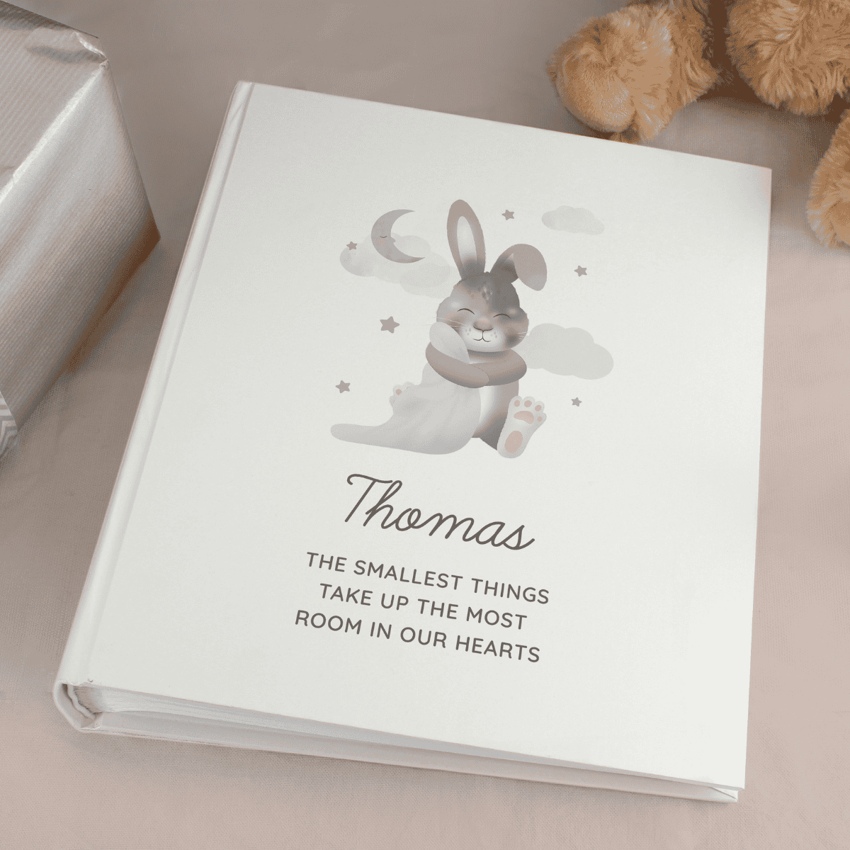 personalised bunny photo album showing the personalisation on the front