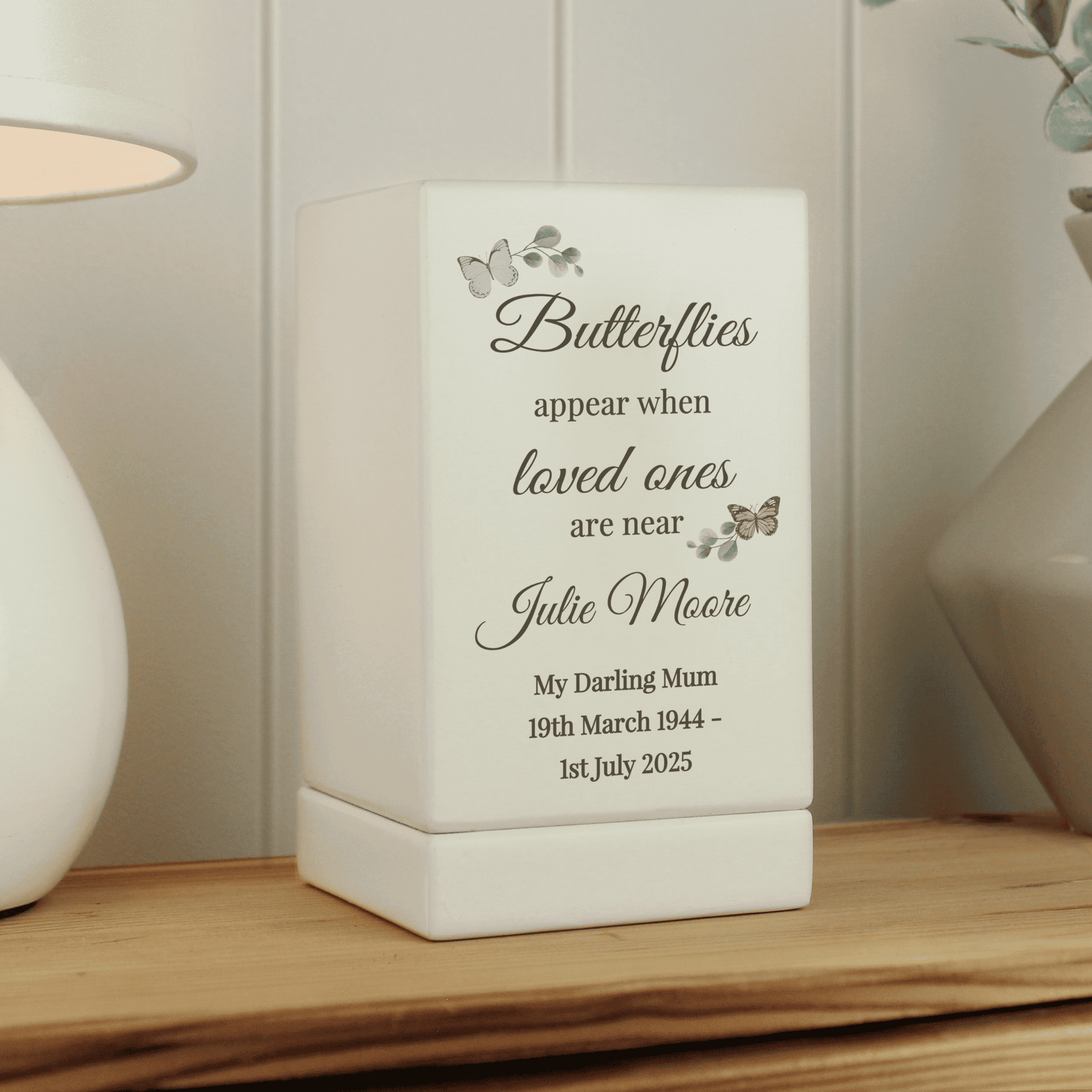personalised butterflies appear memorial wooden urn with a name in larger font and any message over 3 lines underneath