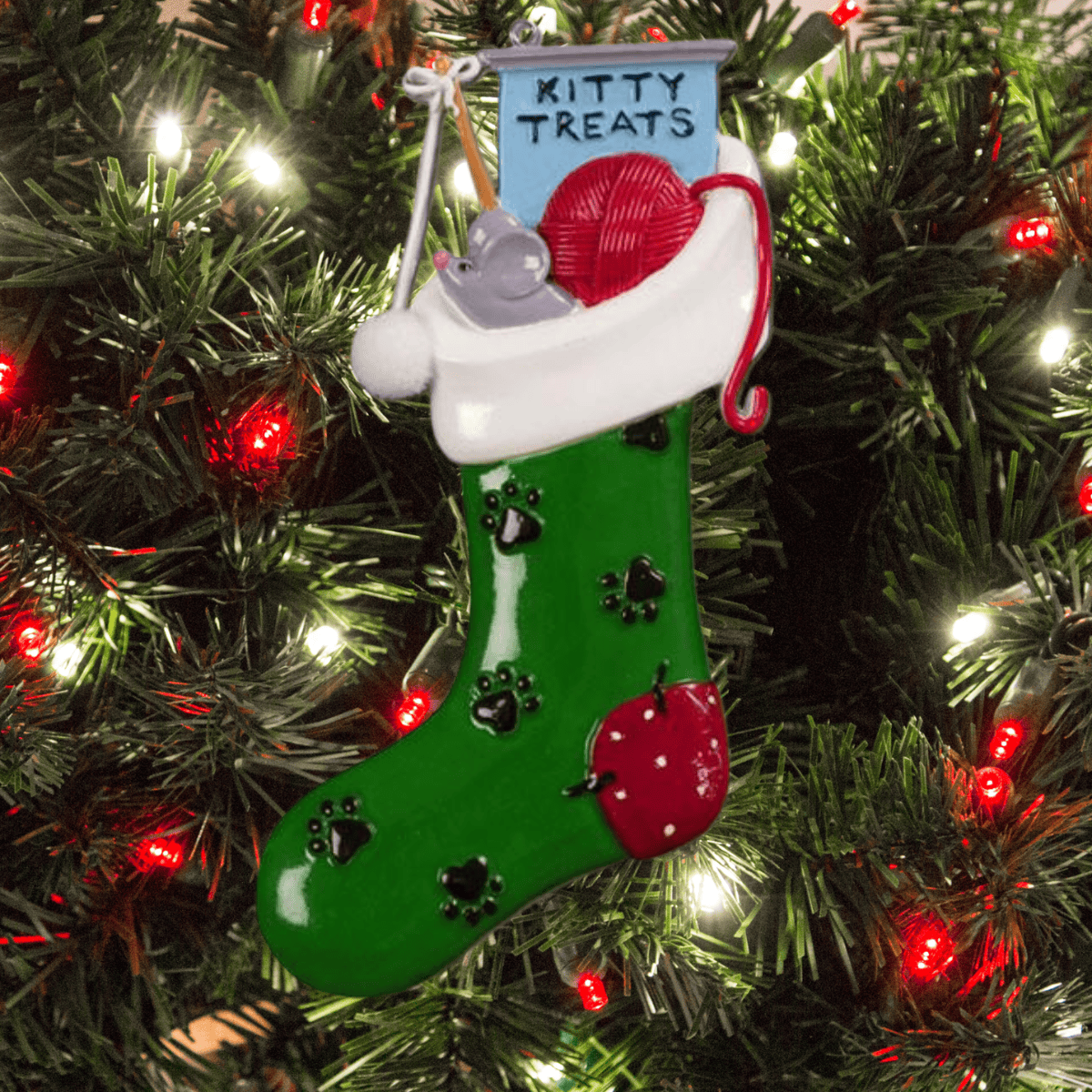 personalised cat christmas tree decoration in the shape of a stocking