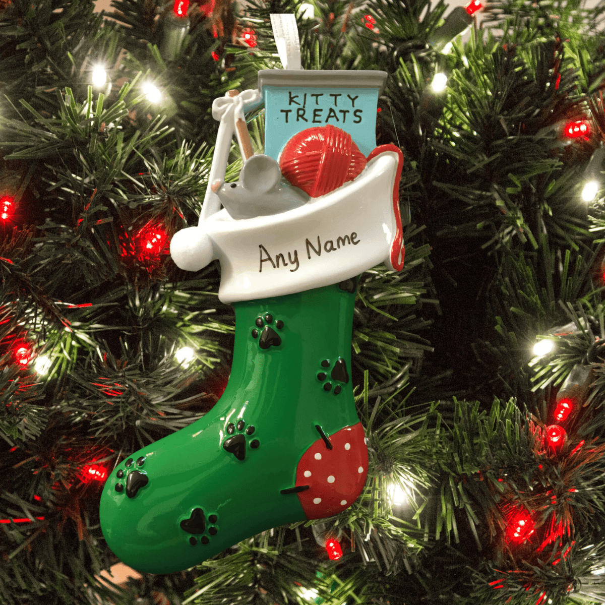 personalised cat christmas tree decoration in the shape of a stocking