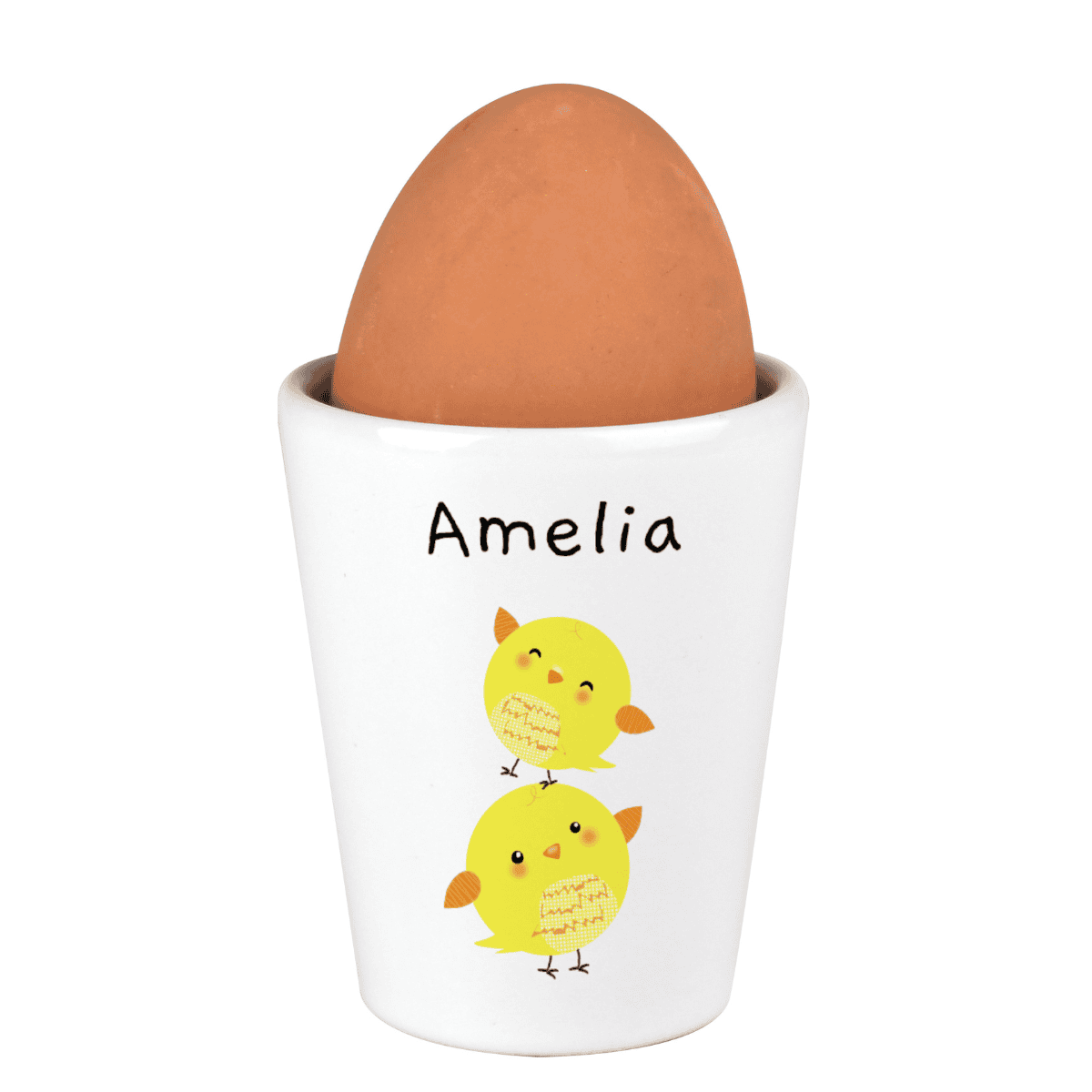 Cute personalised chick egg cup for children Easter breakfast