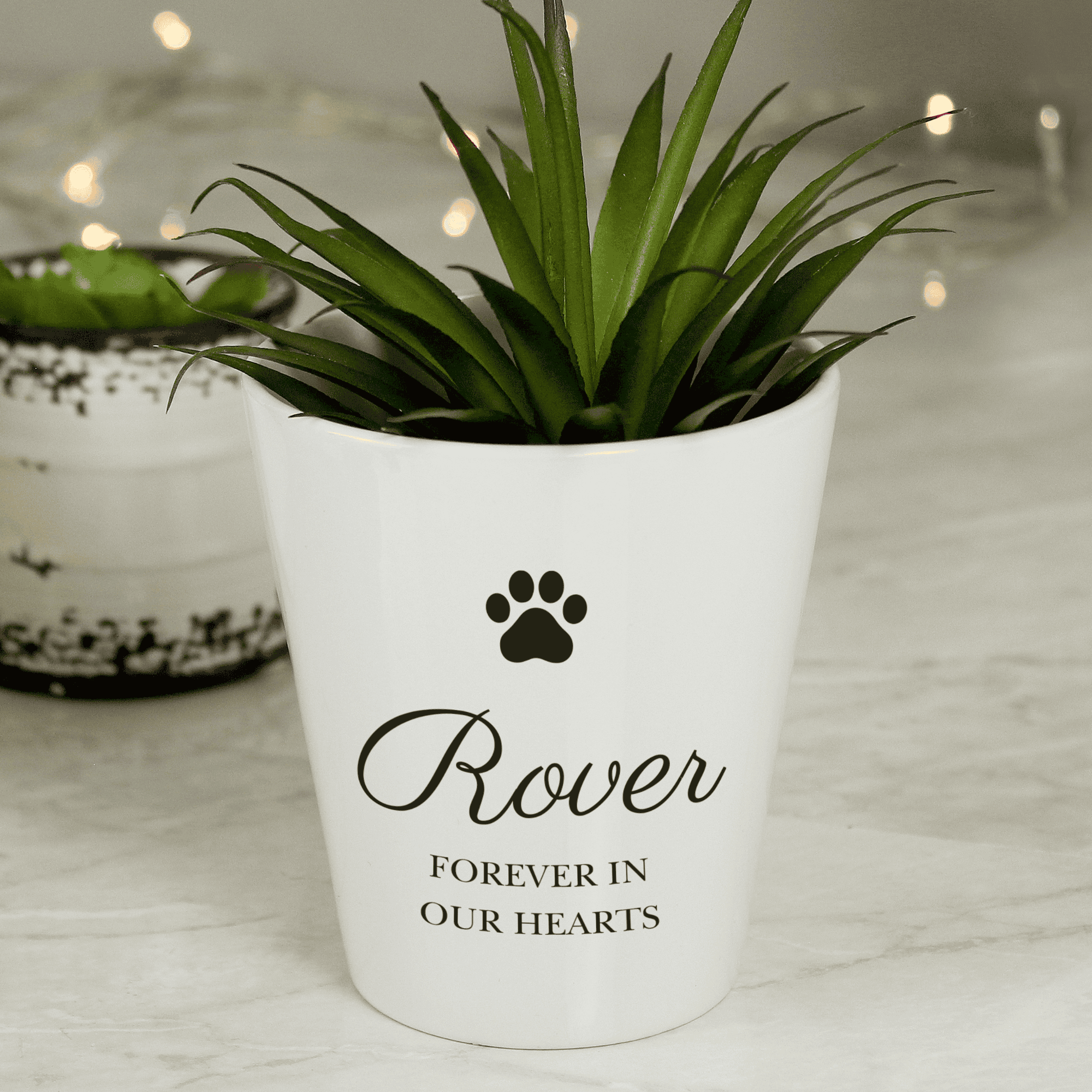 personalised ceramic pawprint plant pot personalised with a name and message over 2 lines