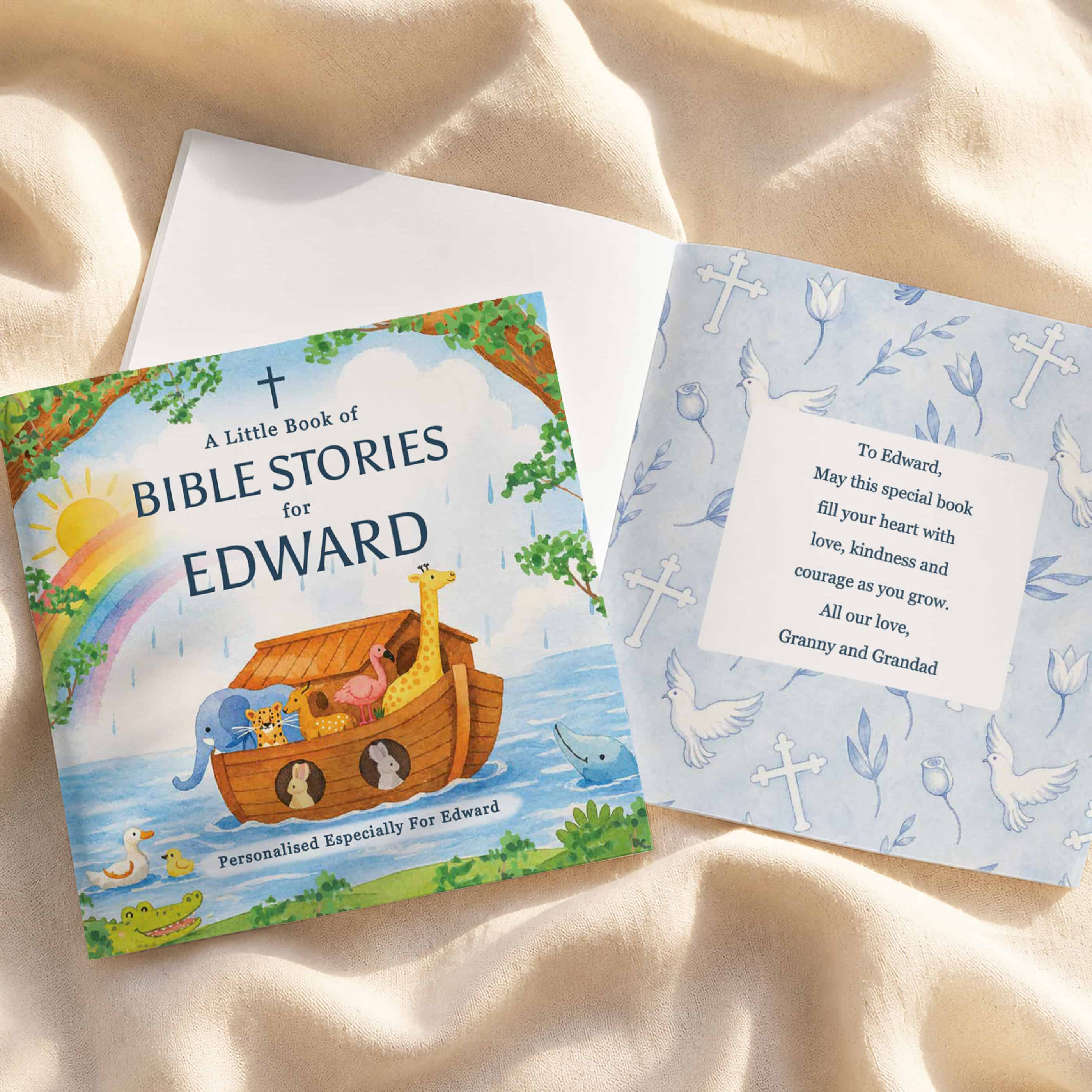 personalised childrens bible stories showing the front cover and message inside