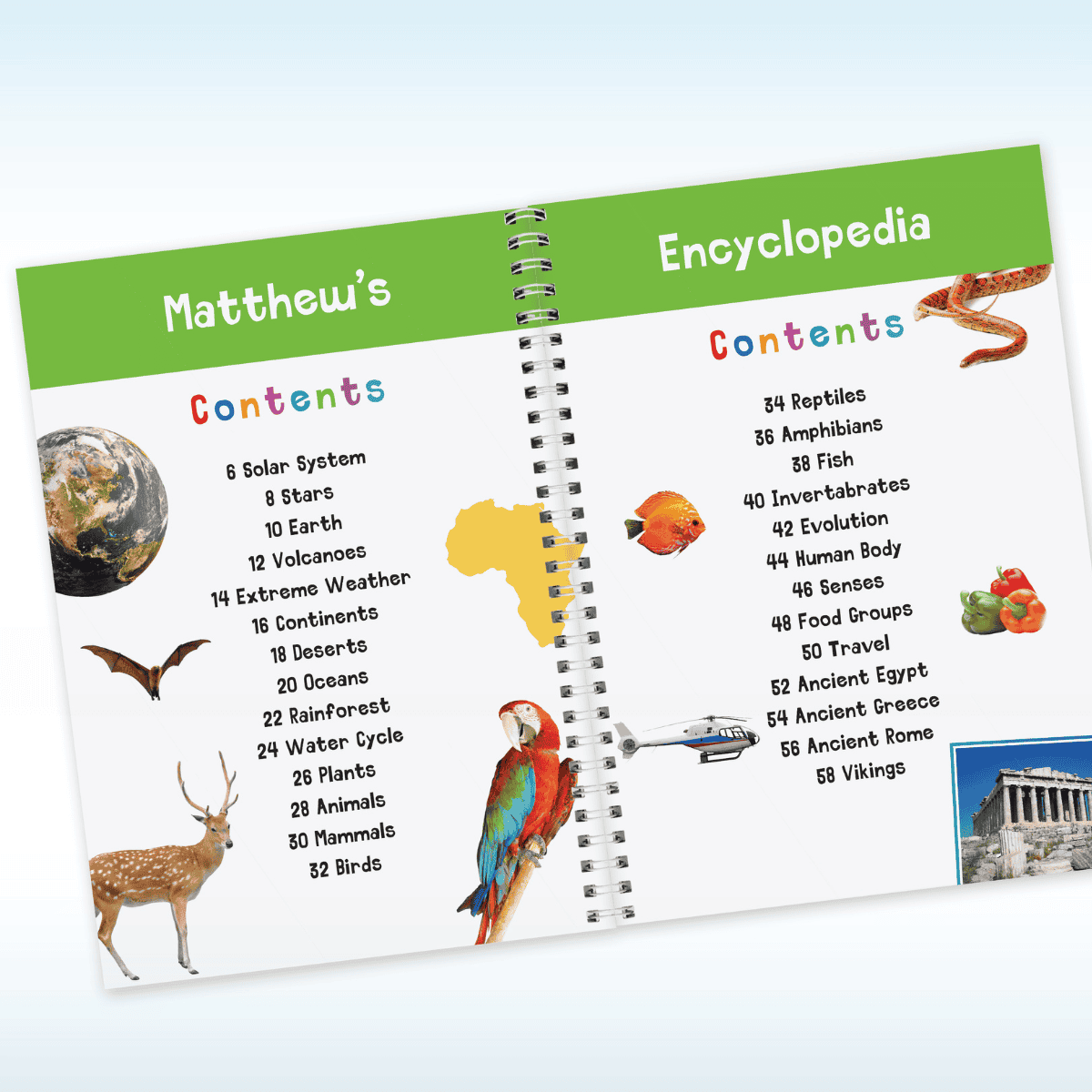 personalised children's encylopaedia showing the contents pages with the child's name personalised on them
