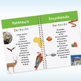 personalised children's encylopaedia showing the contents pages with the child's name personalised on them
