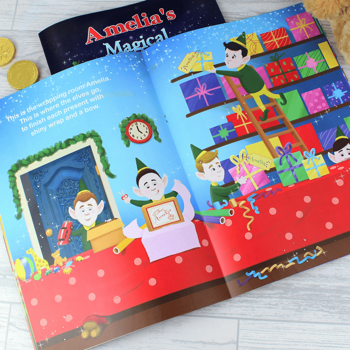 personalised christma story book showing the pages illustrated inside
