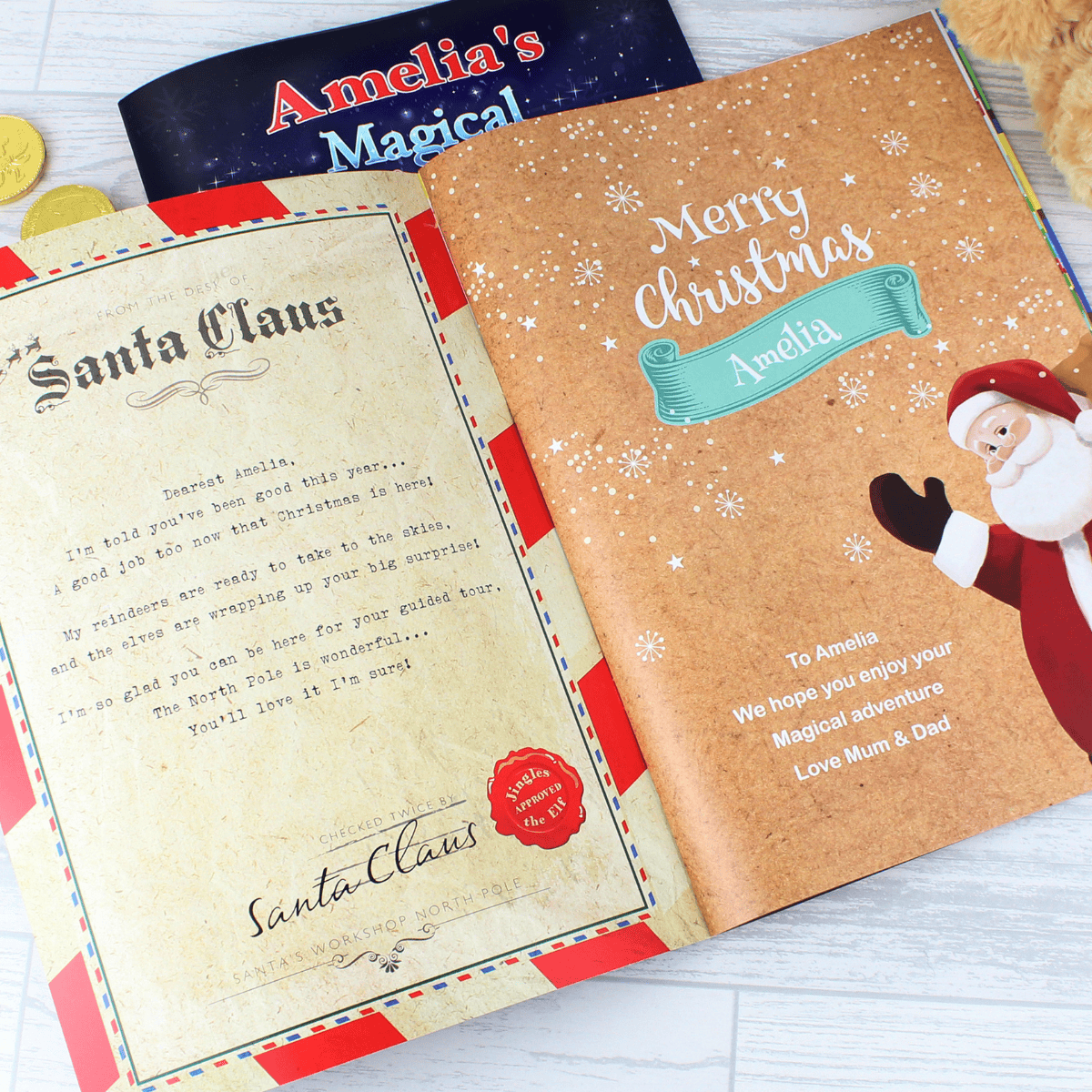 personalised christmas story book showing the personalised message inside the book
