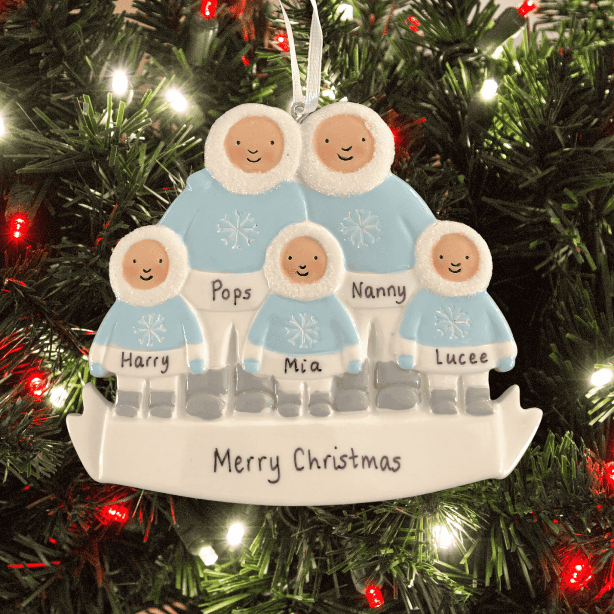 family of 5 personalised chirstmas tree decoration on a christmas tree background