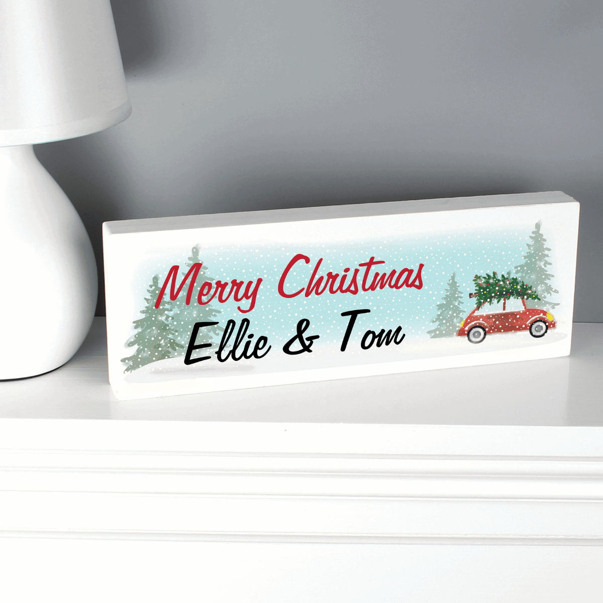 Personalised Christmas wooden block sign showing that it can be personalised over 2 lines