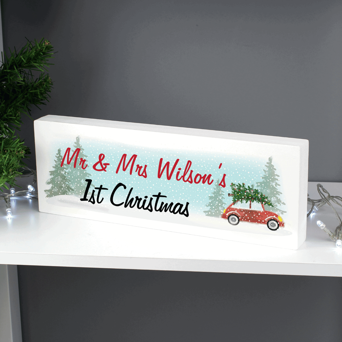 Personalised Christmas wooden block sign showing that it can be personalised over 2 lines