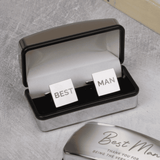 personalised cufflink box with a message over 3 lines and personalised cufflinks. 