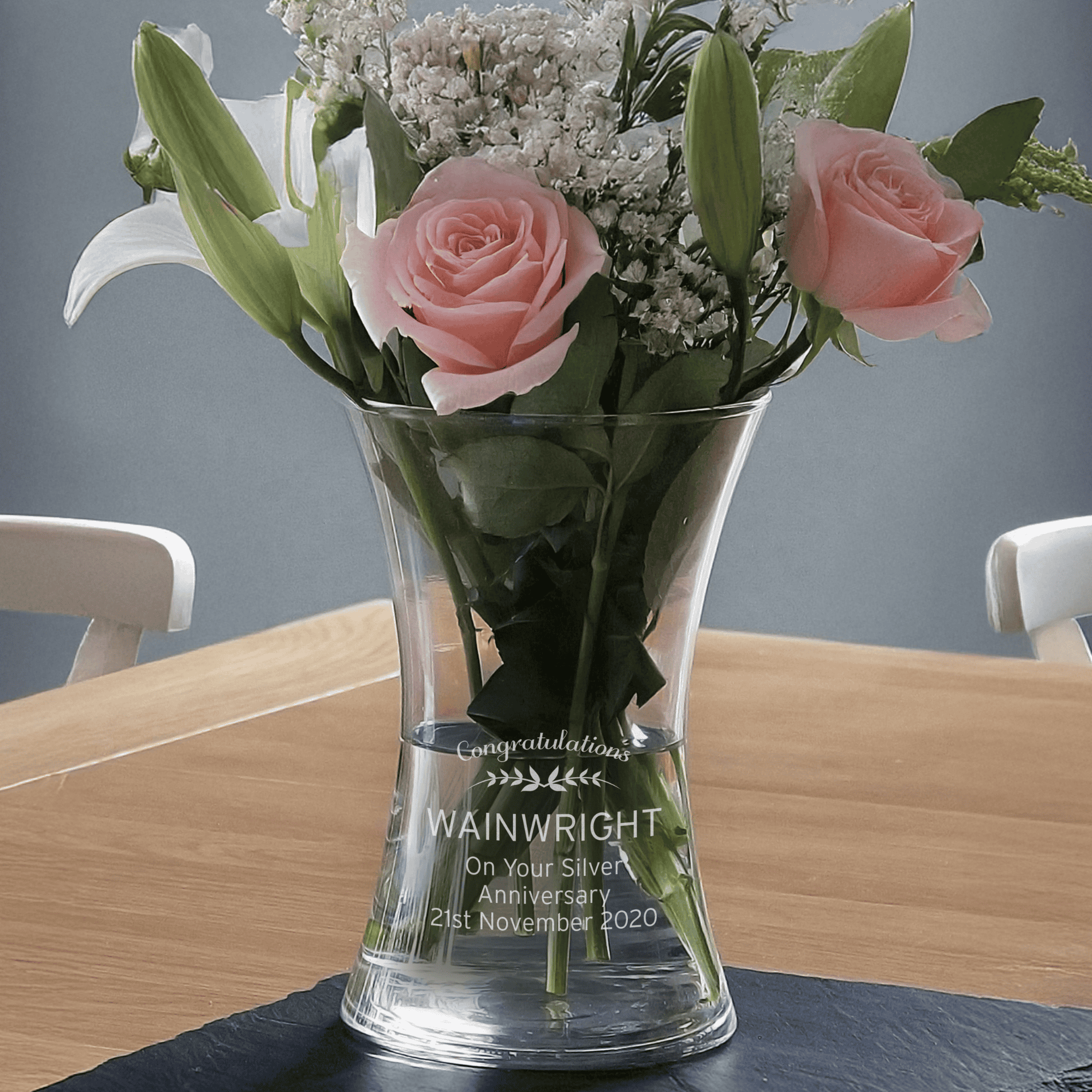 personalised classic glass flowers vase with any message engraved over 5 lines