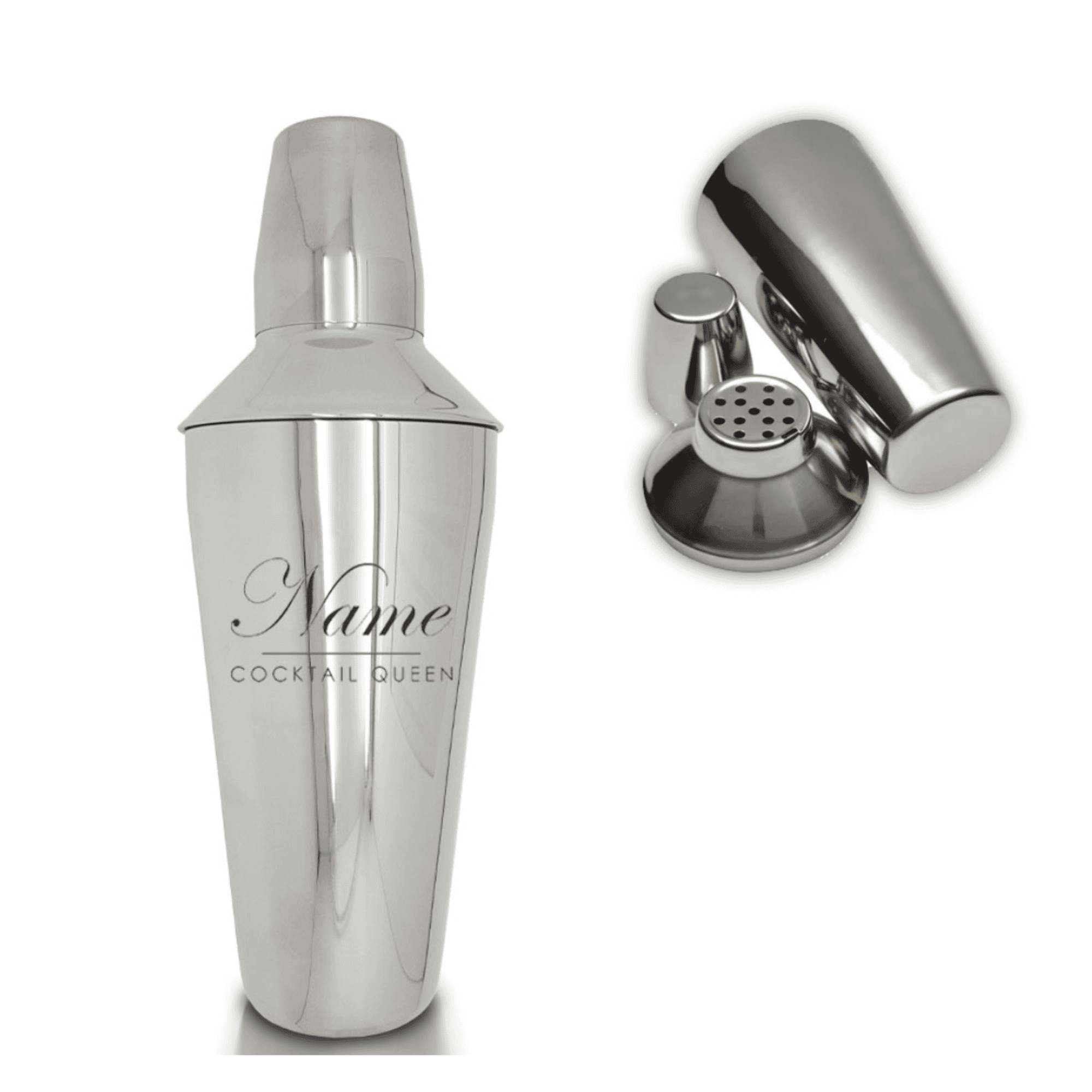 personalised cocktail shaker with cocktail queen design any name added above this