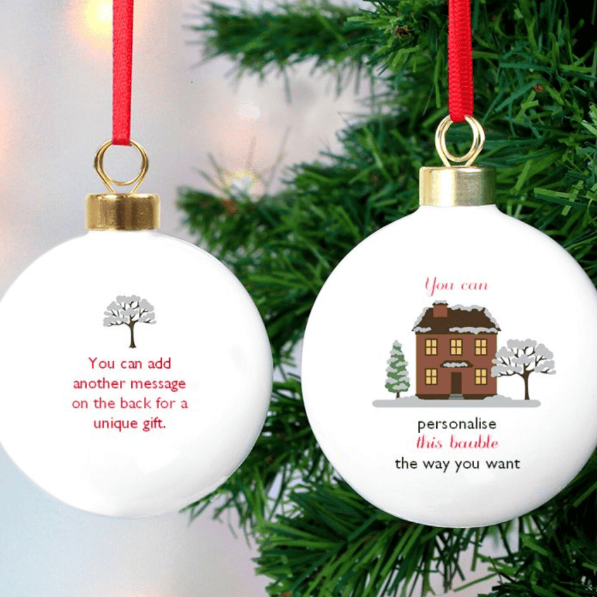 personalised cosy home ceramic bauble showing the personalisation on the front and back