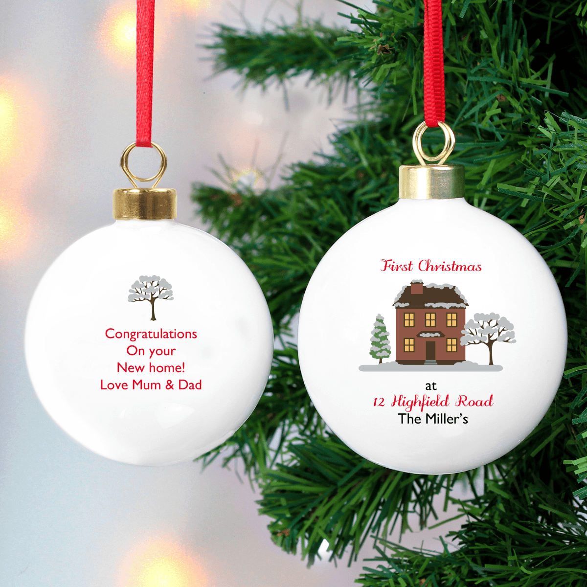 personalised cosy home ceramic bauble showing the personalisation on the front and back