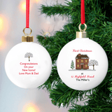 personalised cosy home ceramic bauble showing the personalisation on the front and back