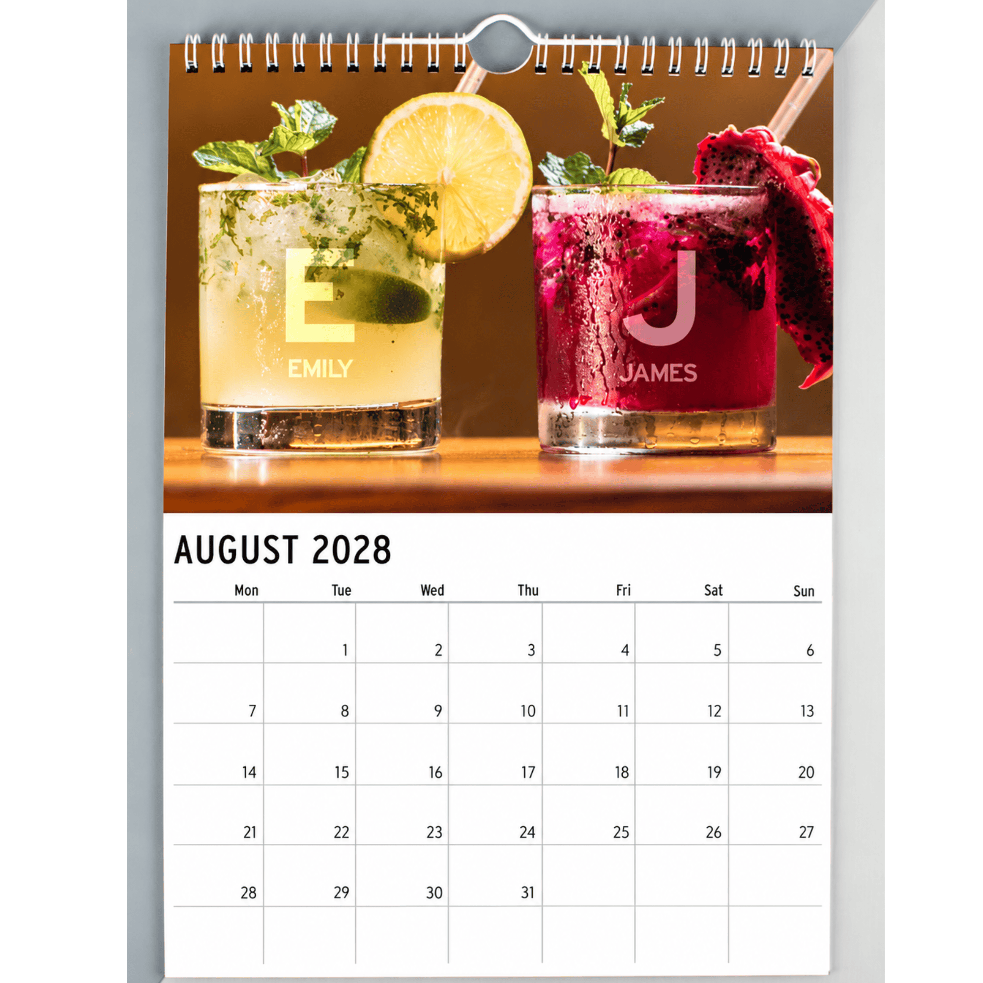 personalised couple calendar with the couples names on each month
