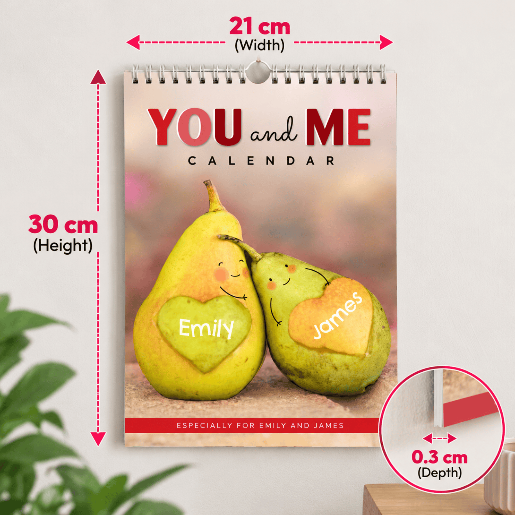 personalised couple calendar with the couples names on each month