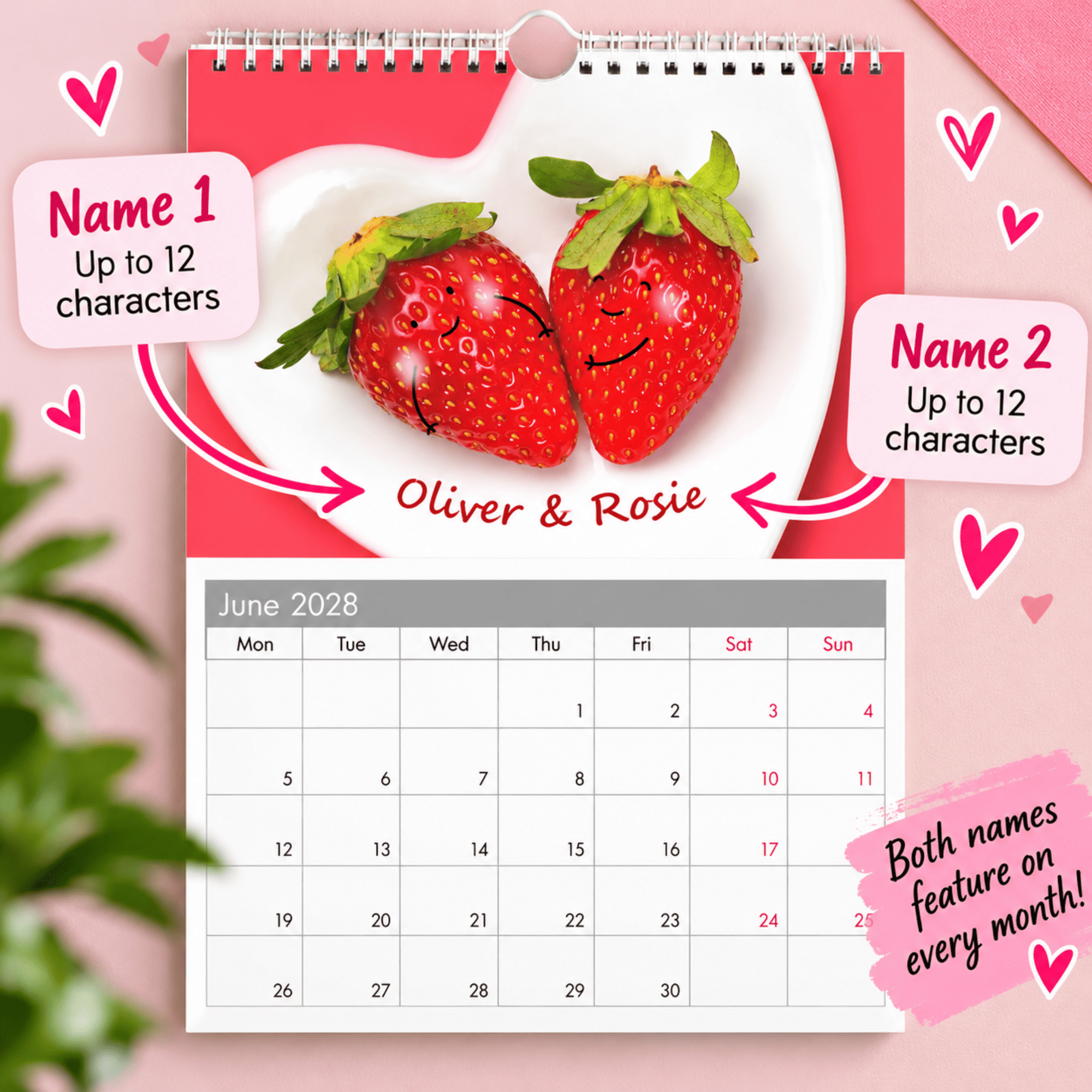 personalised couple calendar with the couples names on each month