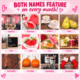 personalised couple calendar with the couples names on each month