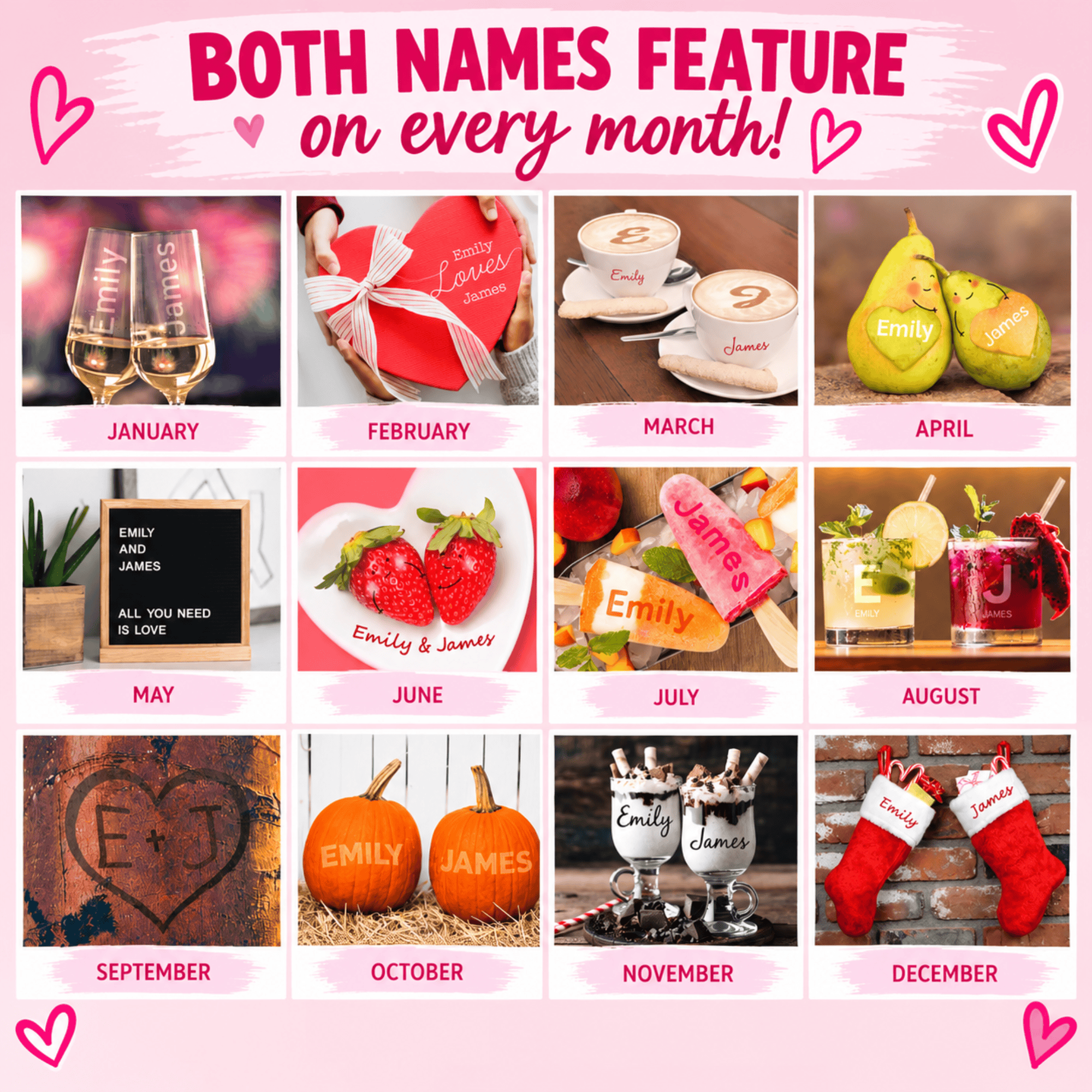 personalised couple calendar with the couples names on each month
