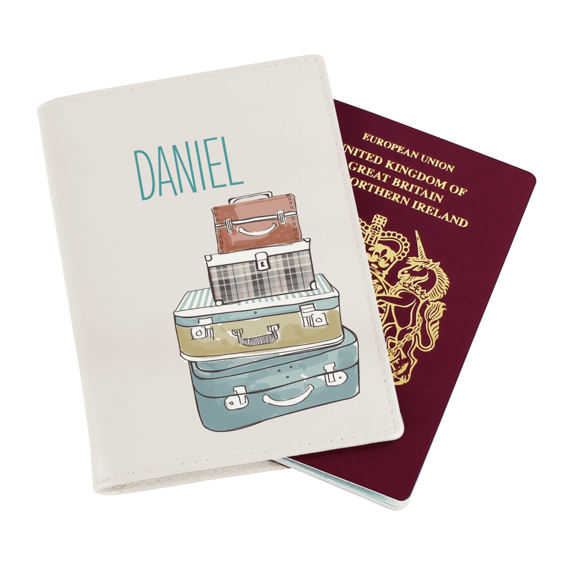personalised cream passport holder with a suitcase design on the front and any name personalised at the top