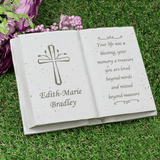 personalised cross memorial stone ornament engraved with a name below the cross on the left side and any message over 7 lines on the right