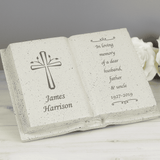 personalised cross memorial stone ornament engraved with a name below the cross on the left side and any message over 7 lines on the right