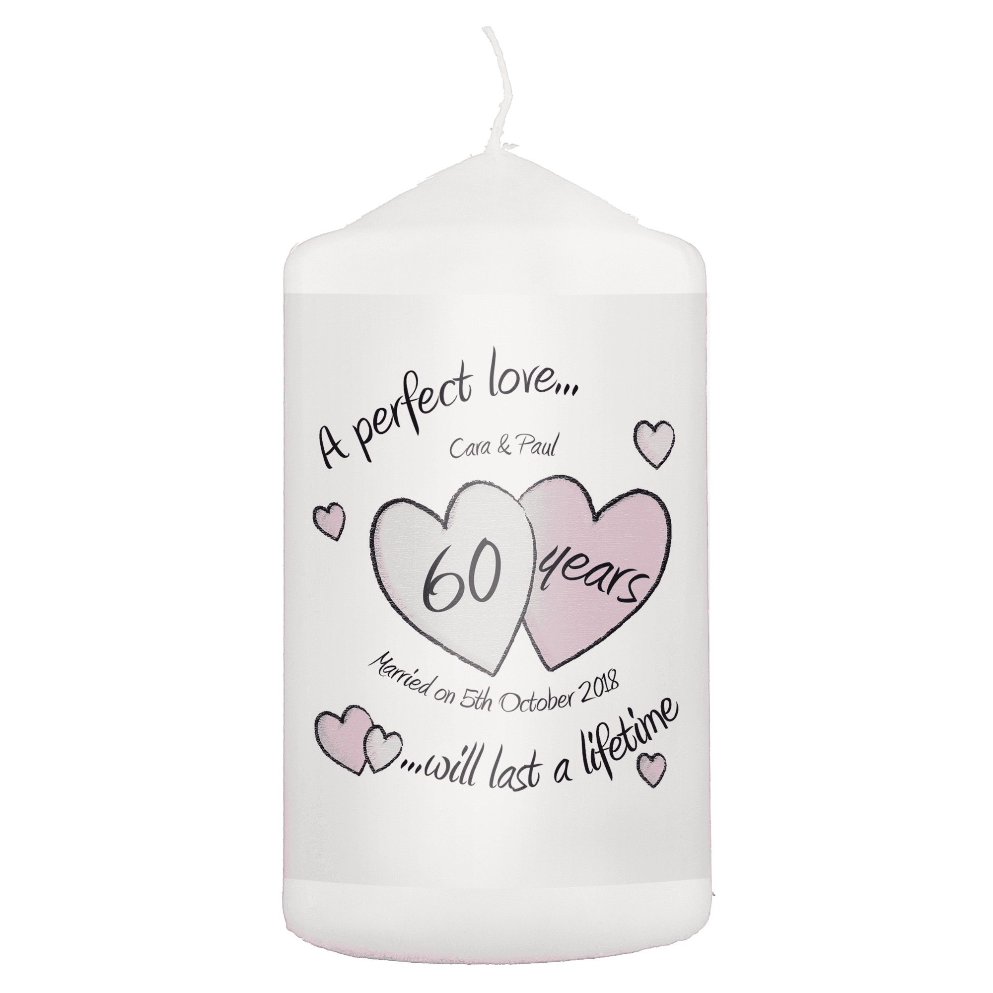 personalised diamond wedding anniversary candle with the couples names and a message underneath