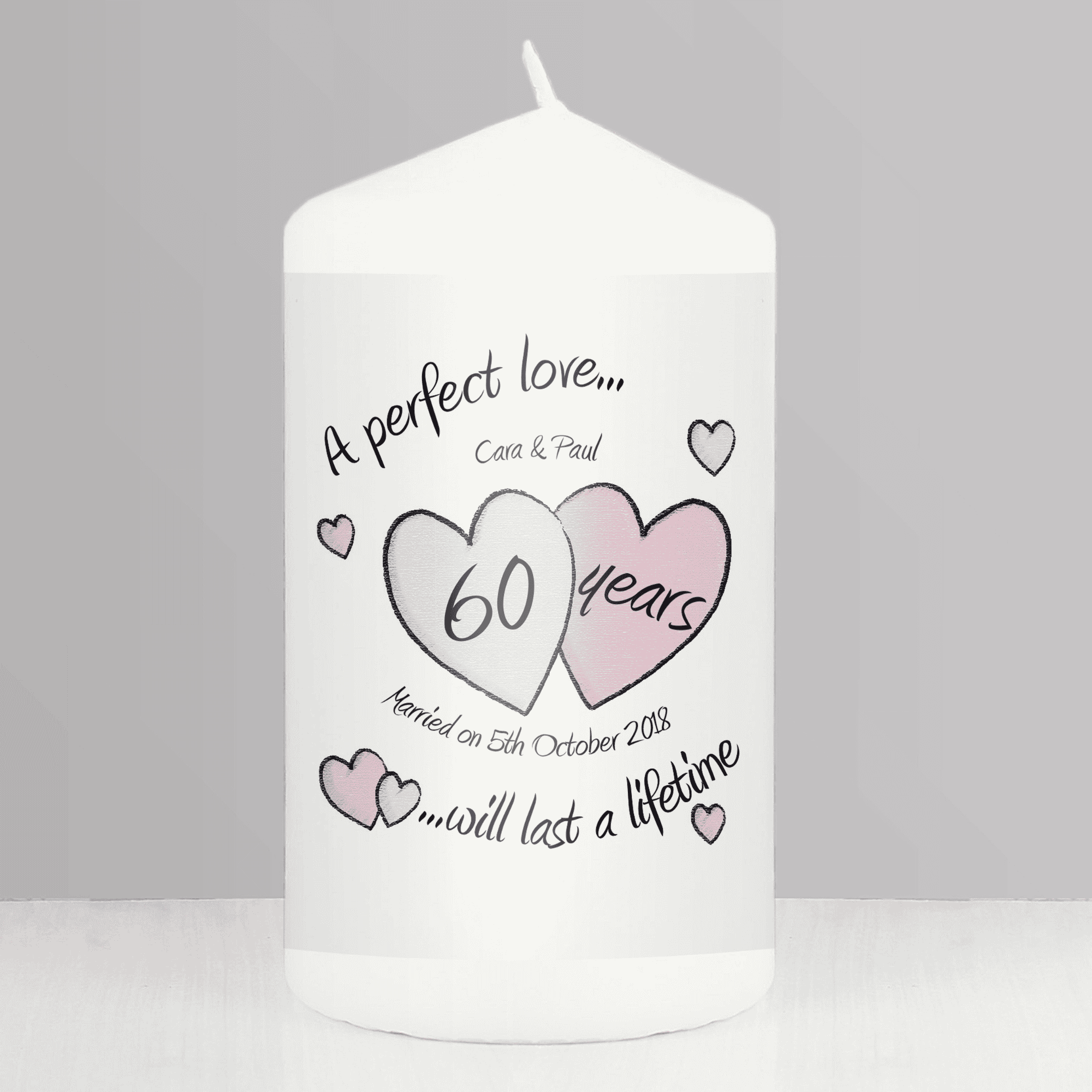 personalised diamond wedding anniversary candle with the couples names and a message underneath