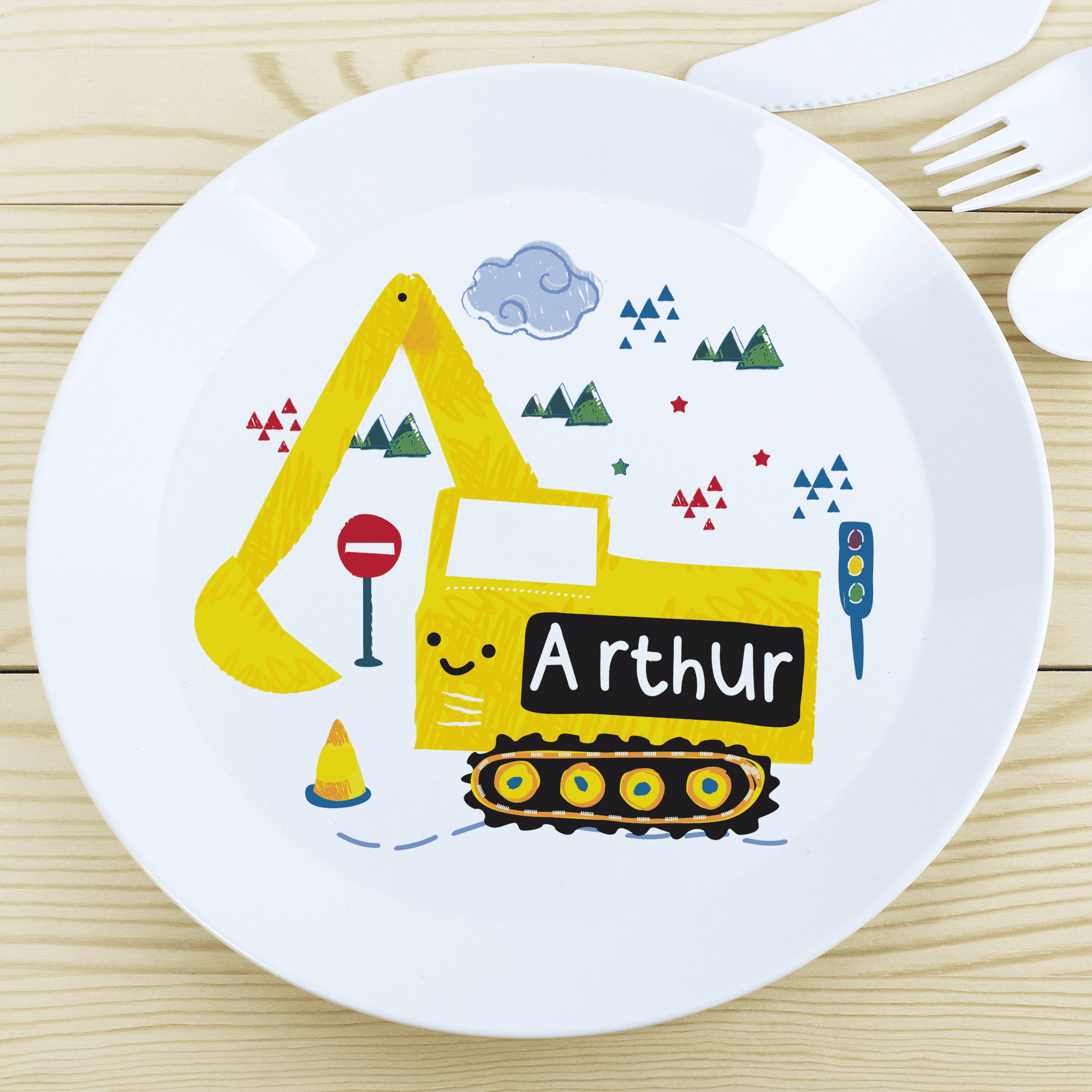 personalised digger plastic plate with any name personalised on the digger