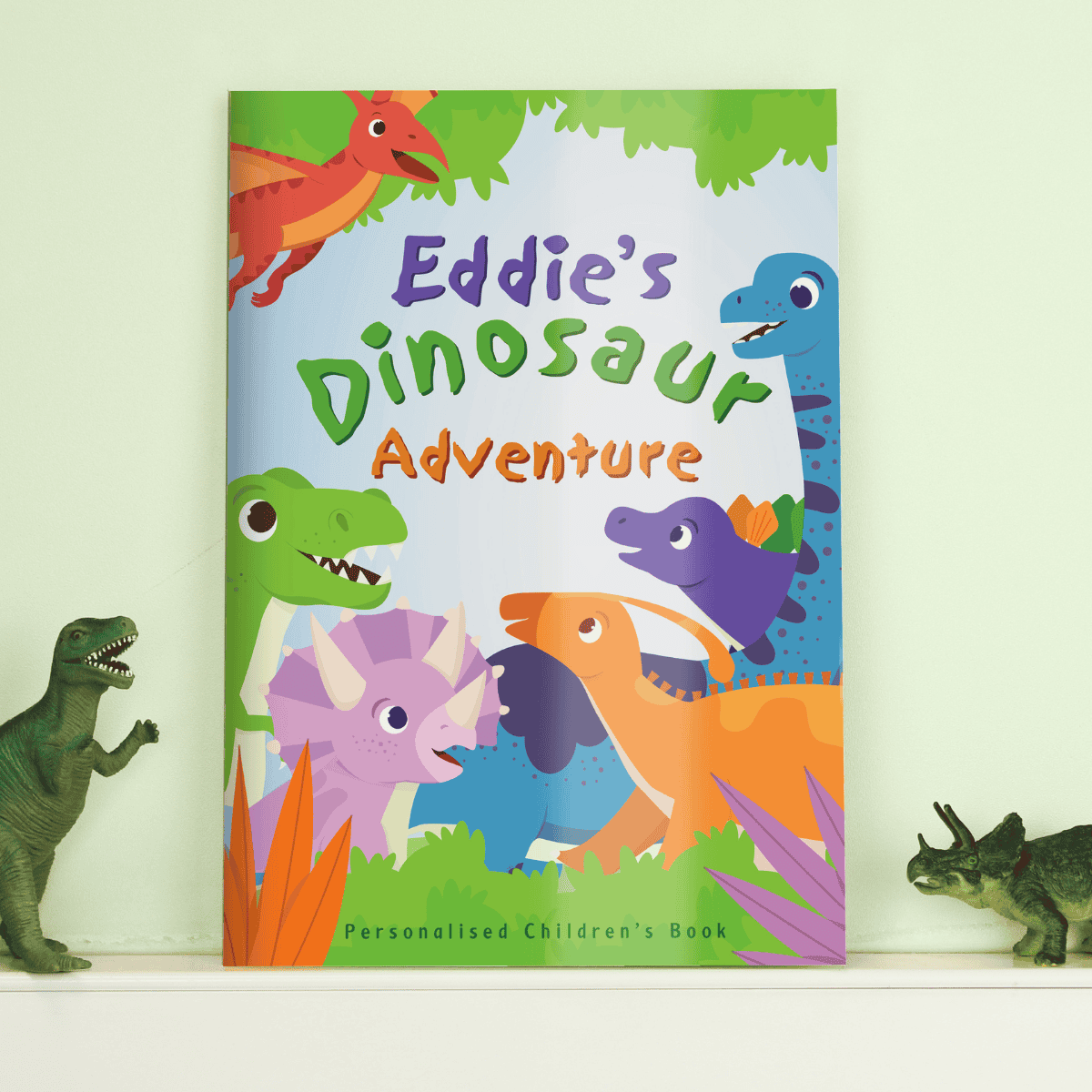 personalised dinosaur book showing the front cover with the child's name on it