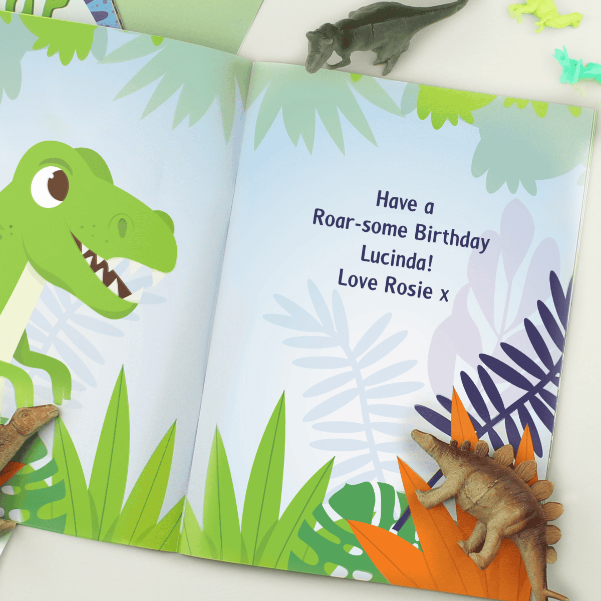 personalised dinosaur book showing the inside page personalised with any message