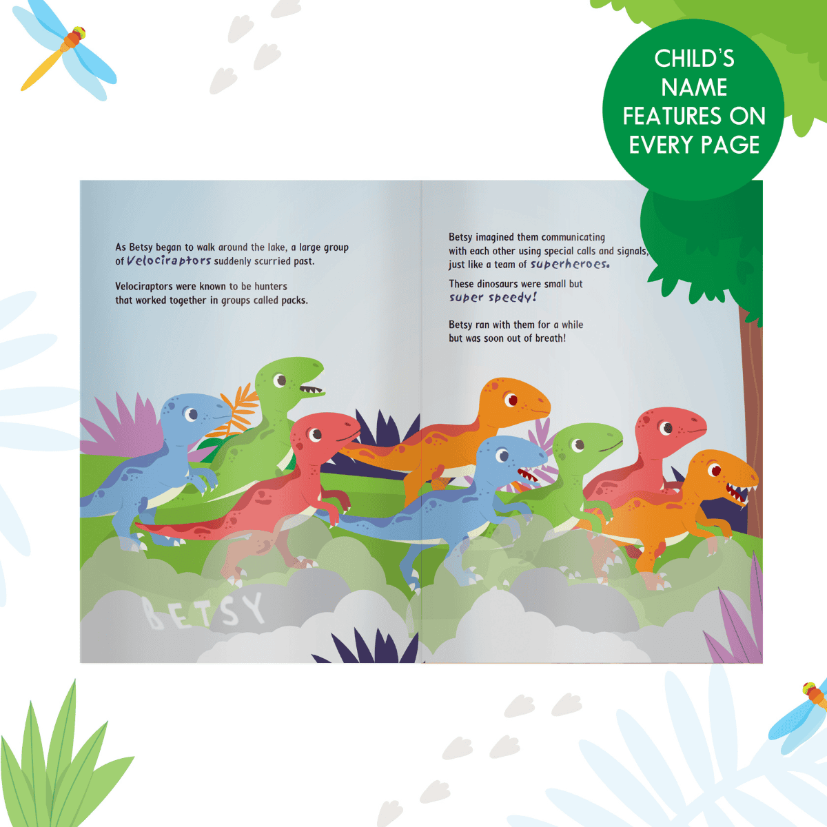 personalised dinosaur book showing an inside page with the child's name personalised on it