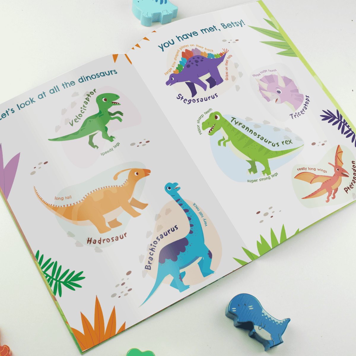 personalised dinosaur book showing an inside page with the child's name personalised on it