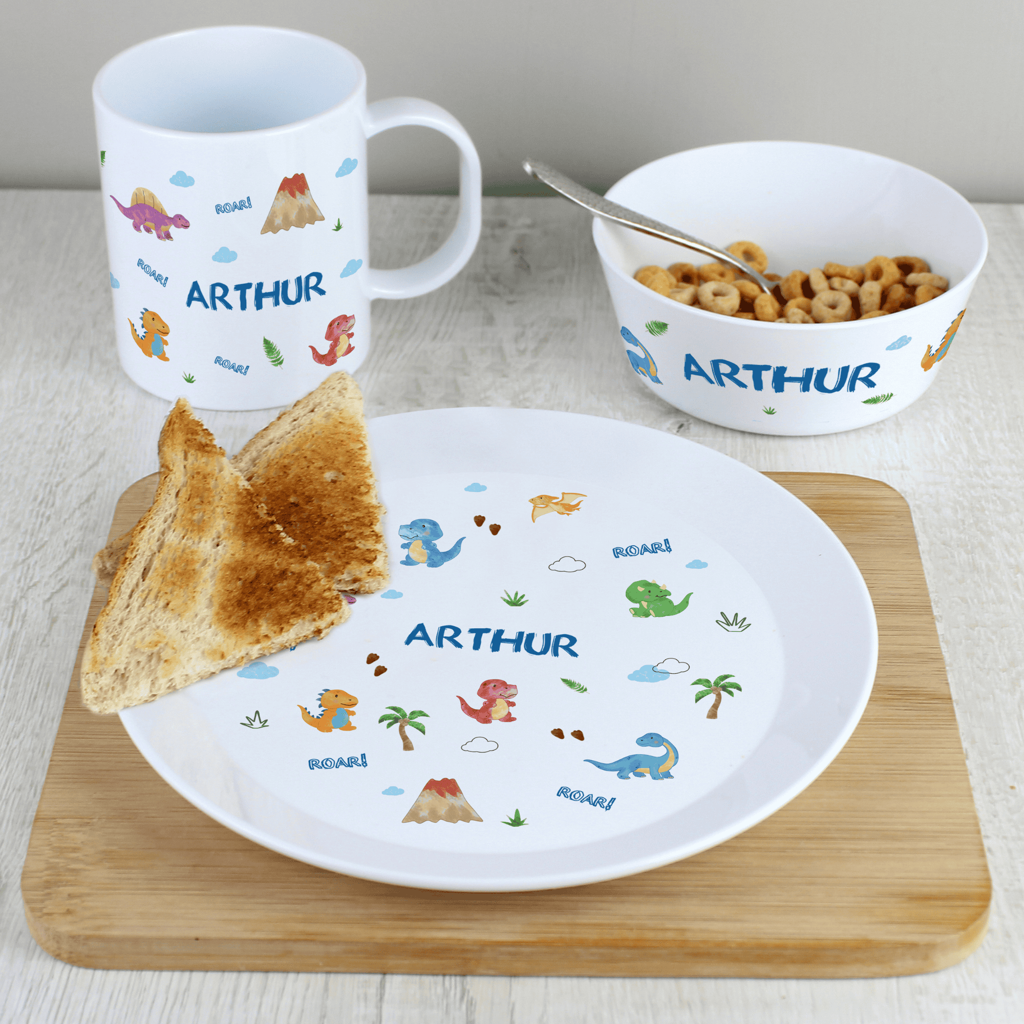 personalised dinosaur breakfast set each name is personalised with the same name